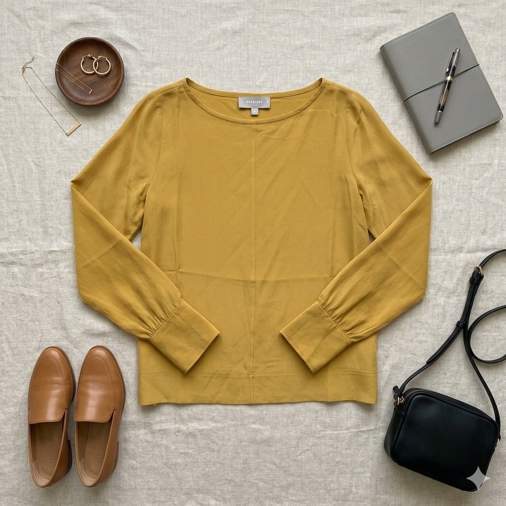 Everlane Women 100% Silk Boat Neck Long Sleeve Blouse Ochre Gold Yellow Size 4